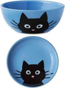 Bundle: Frisco Cat Face Non-skid Ceramic Cat Bowl, Blue, 1.25 Cup + Frisco Cat Face Non-skid Ceramic Cat Dish, Blue, 0.50 Cup