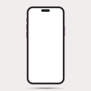Realistic front view smartphone mockup. Mobile phone purple frame with blank white display isolated on background. Vector device template